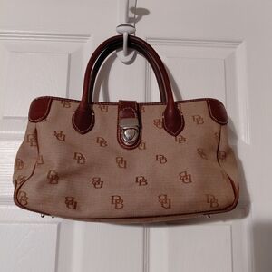 Dooney & Bourke Signature monogram logo canvas satchel handbag with leather trim